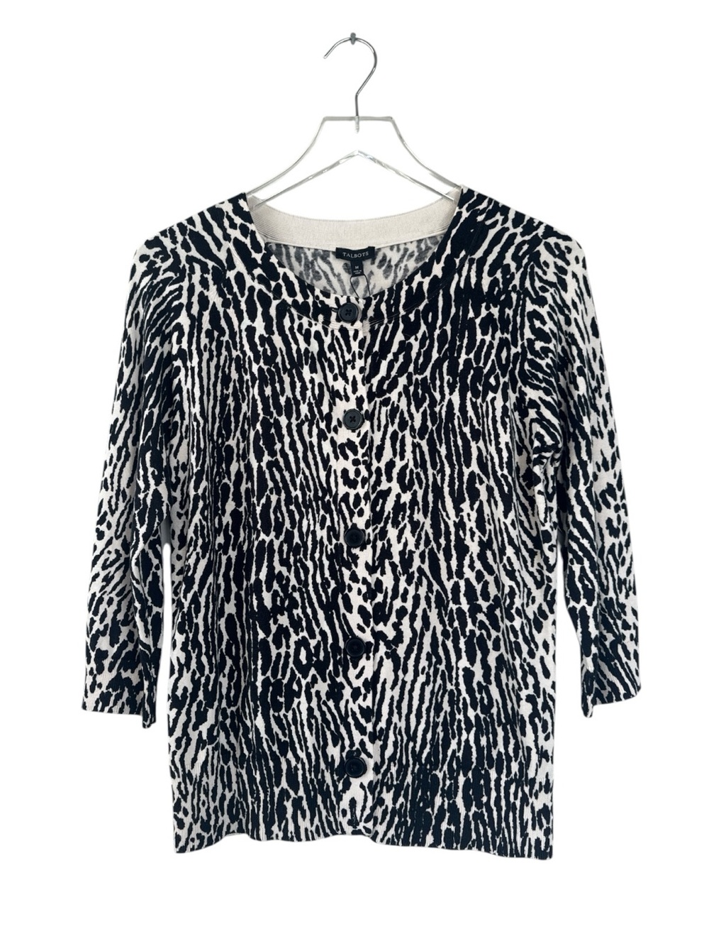 Talbots Animal Print Cardigan Sweater Medium NWT Black Cream Cotton Blend